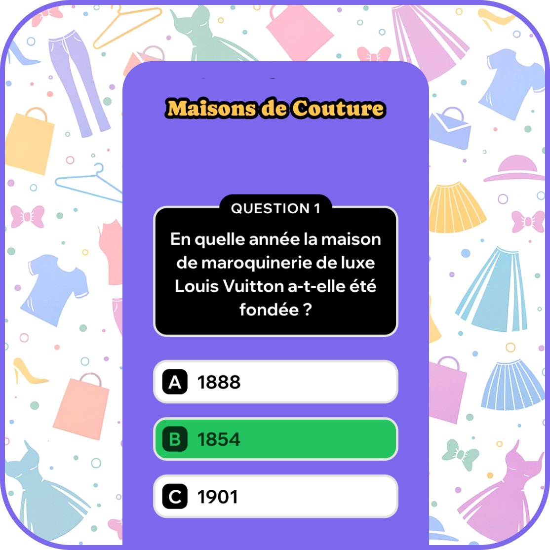 Screenshot of French quiz video showing 'Maisons de Couture' question about Louis Vuitton