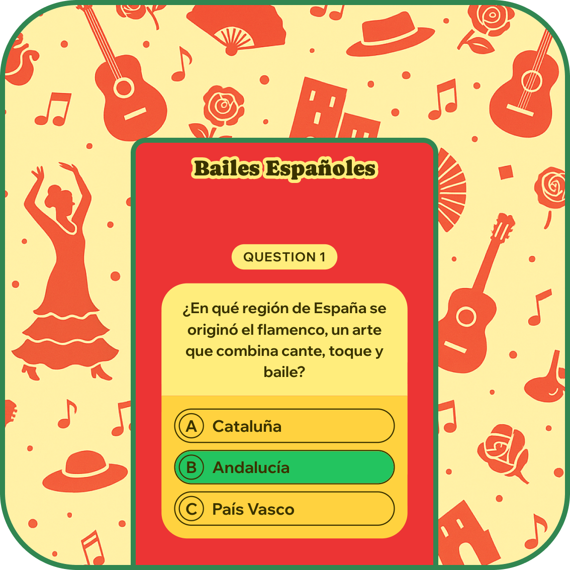 Screenshot of Spanish quiz video showing 'Bailes Españoles' (Spanish Dances) question about flamenco